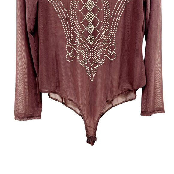 Sheer Burgundy Bodysuit Embellishments Long Sleeve Mock Neck Stretch Fit IRIS 3X - Picture 4 of 10